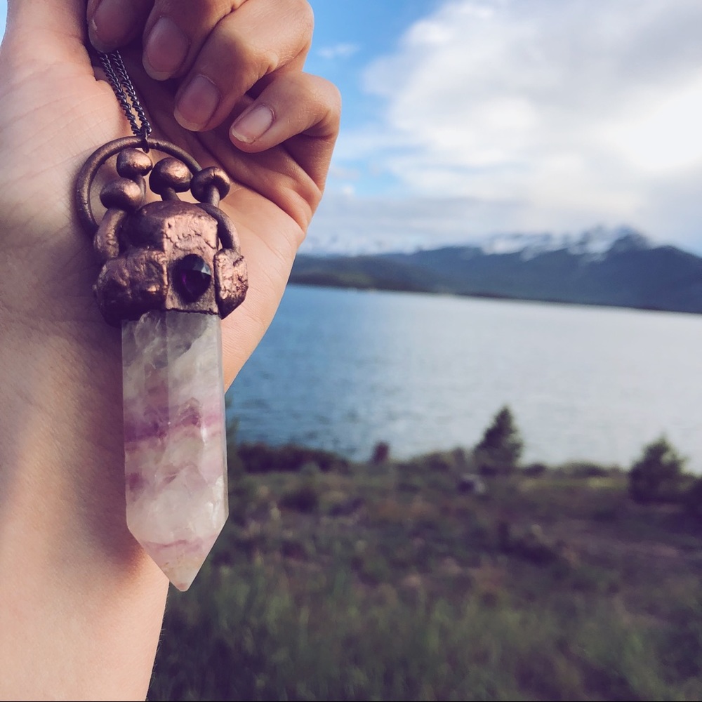 •sold• Fluorite Amethyst Copper Crystal Mushroom Necklace